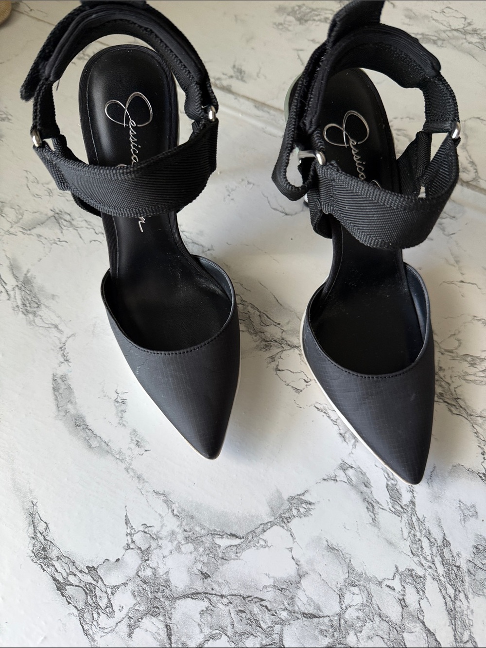 Jessica Simpson Black Pointed Toe Ankle Strap Pumps